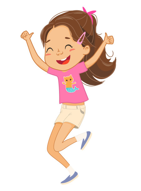 插图快乐的棕色头发女孩跳和跳舞。图片下载