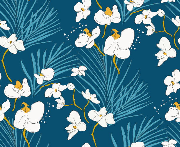 复古兰花盛开，无缝重复花海军白色印花图片下载