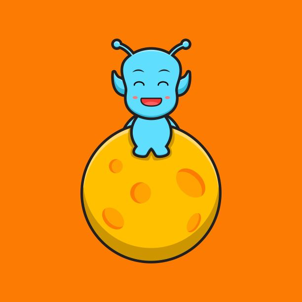 可爱的外星人坐在月球卡通矢量图标插图图片下载
