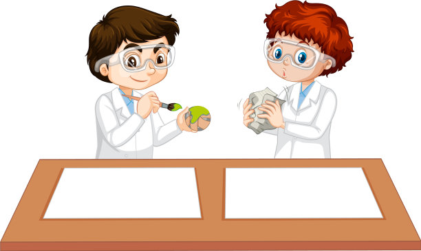 两个男孩穿着科学家长袍，手里拿着空纸图片下载