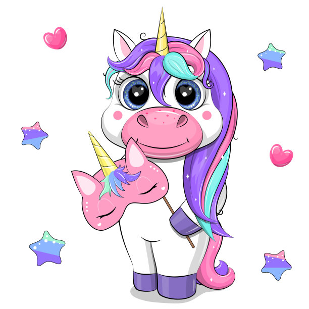 可爱的卡通独角兽拿着粉红色的独角兽面具。图片下载