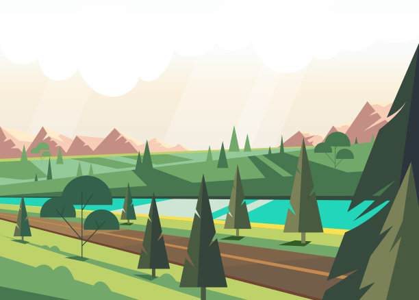 翠绿的夏季自然，松树和蓝色的河流。矢量平面设计插图图片下载