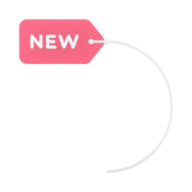 销售3d标签在电线上。带有产品广告的粉红色标签和紧固件用塑料绳图片下载