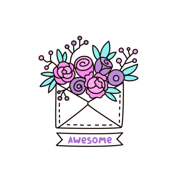 可爱的信封与花在白色的背景。还有一条缎带，上面写着"棒极了"图片下载