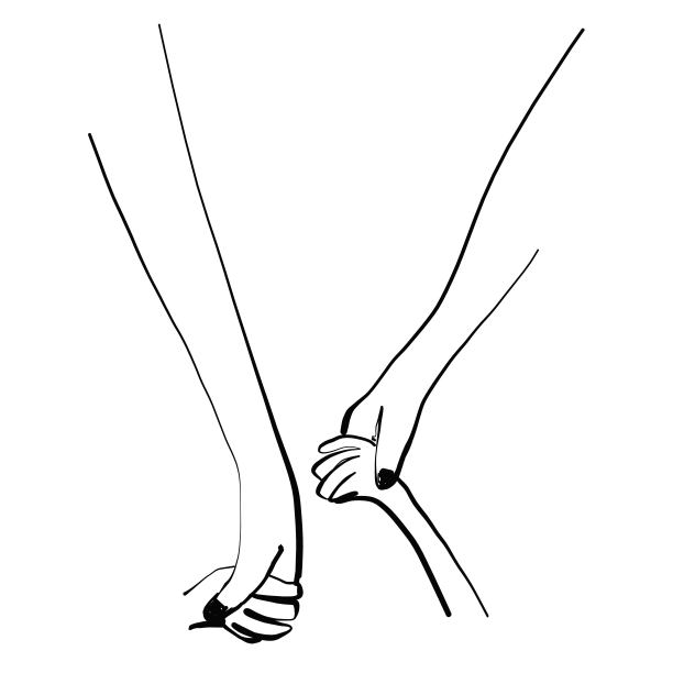 父亲的手牵着孩子，信任家庭概念单色矢量插画，隔离在方格笔记本背景上图片下载