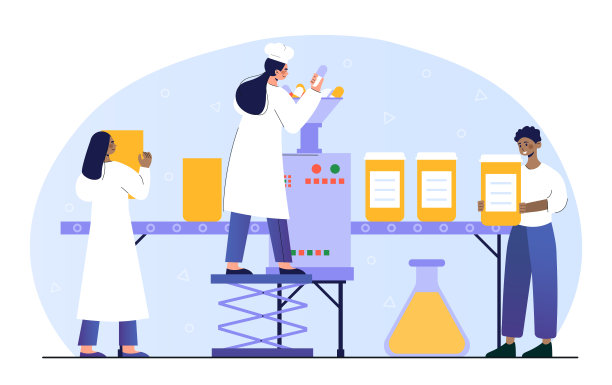 男性和女性药剂师在巨大的生产线机器上工作图片下载