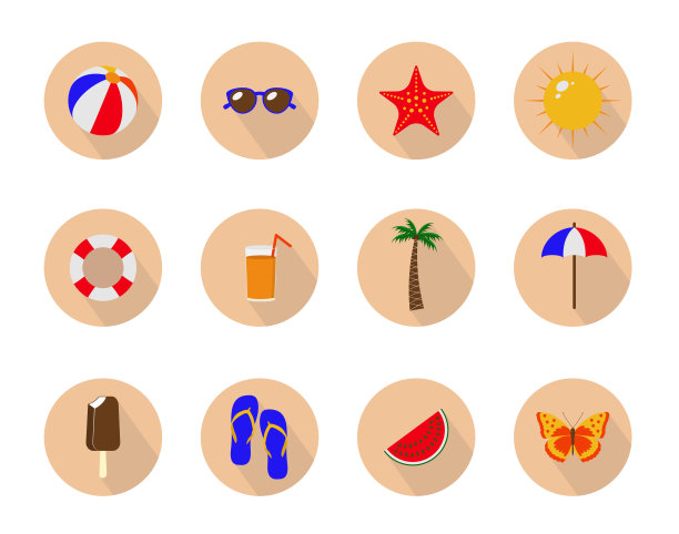 平面矢量海滩图标与长阴影图片下载