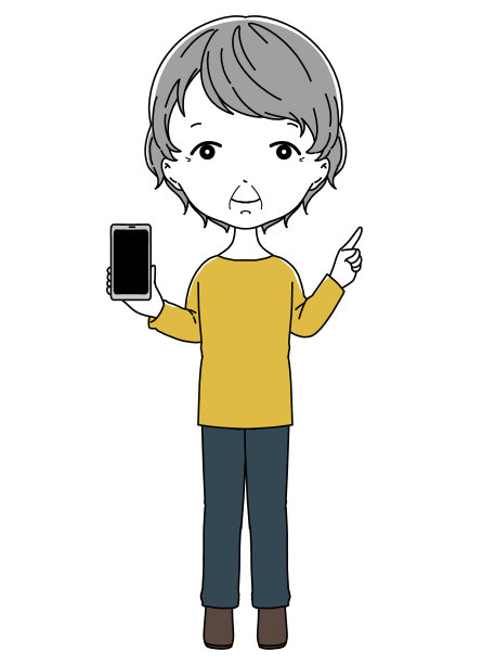 一位微笑的祖母正在展示智能手机的屏幕，引导她指向图片下载