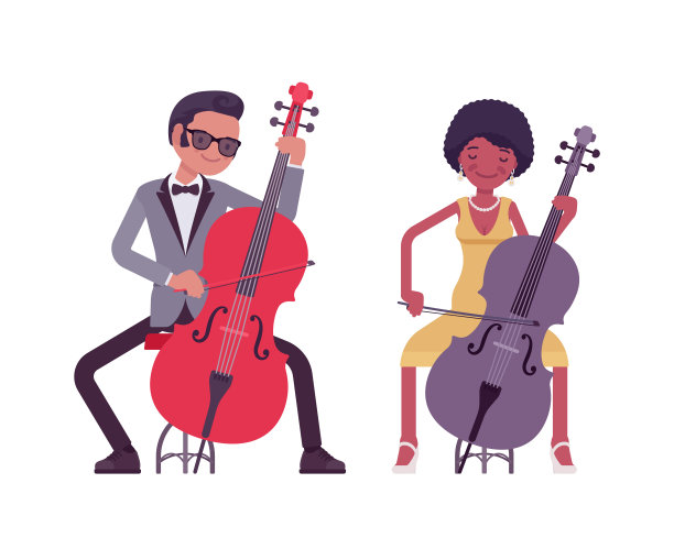 音乐家，爵士，摇滚，表演者，男人，女人演奏大提琴图片下载