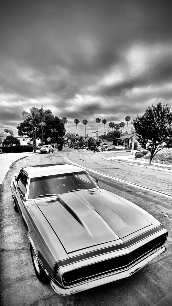 66年的雪佛兰科迈罗超级跑车有着引人注目的天空，单色图片下载