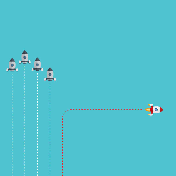 认为不同的概念。红色火箭改变方向。新观念、变化、潮流、勇气、创造性解决方案、创新和独特方式的观念。图片下载