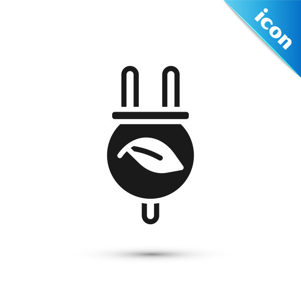 灰色省电插头在叶子图标隔离在白色背景。节约能源电力。环境保护。生物能源。向量图片下载