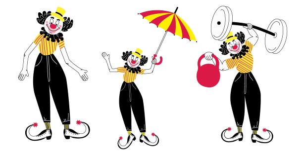 一组三个小丑的卡通风格和涂鸦-一把伞，壶铃和哑铃，小丑挥舞他的手。用黄色、红色、黑色和白色画的。图片下载