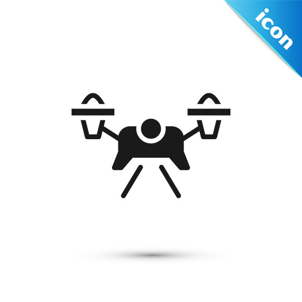 灰色无人机飞行图标孤立在白色背景。带有视频和照片相机符号的四轴飞行器。向量图片下载