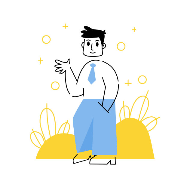 男人站着。问候的姿态。嗨,你好。手在口袋里。现代时尚商业人物走在抽象的自然之上。大纲卡通插图图片下载