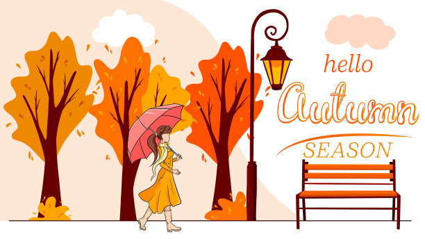 你好,秋天的旗帜。一个女孩撑着伞走过秋天的公园。图片下载