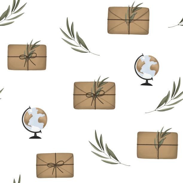 无缝图案与不同的工艺棕色信封，绿色树枝，球形在白色的背景。古董装饰。手绘图片下载