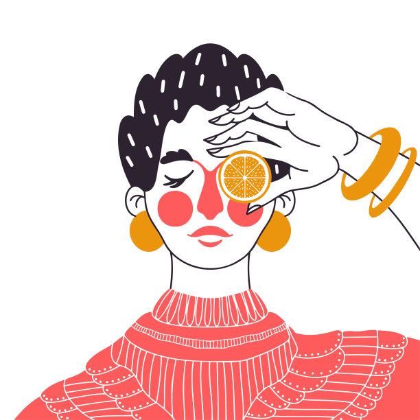 女孩用一个橘子闭上一只眼睛。一个女孩的程式化肖像。平面风格的彩色矢量插图。图片下载