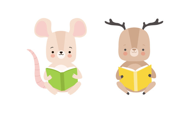 有趣的小动物读书套装，可爱的小老鼠和小鹿坐着学习，儿童教育概念卡通矢量插图图片下载