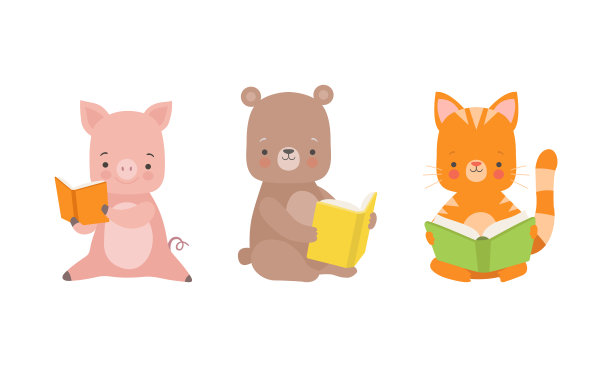 有趣的小动物阅读书籍集，可爱的小猪，猫和熊坐和学习，儿童教育概念卡通向量插图图片下载