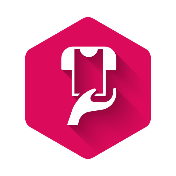 白色衣服捐赠图标孤立与长阴影背景。粉红色的六角按钮。向量图片下载