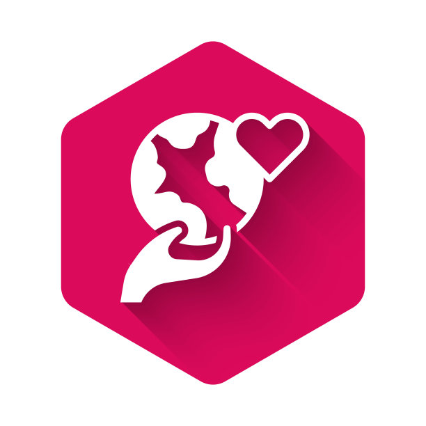 白色人类手握地球地球图标孤立与长阴影背景。拯救地球的概念。粉红色的六角按钮。向量图片下载