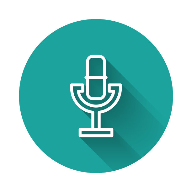 白线麦克风图标与长阴影背景隔离。在空中无线电麦克风麦克风。演讲者的迹象。绿色圆圈按钮。向量图片下载