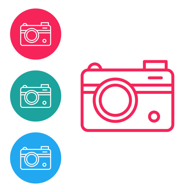 照片相机图标孤立在白色背景上。与相机。数码摄影。在圆形按钮中设置图标。向量图片下载