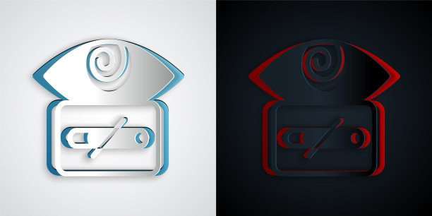 剪纸催眠图标孤立在灰色和黑色的背景。具有螺旋状催眠虹膜的人眼。纸艺术风格。向量图片下载