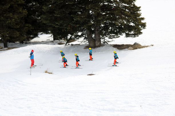 一群戴着头盔、穿着背心的小孩子站在滑雪板上，学习在山上滑雪的基本技巧图片下载