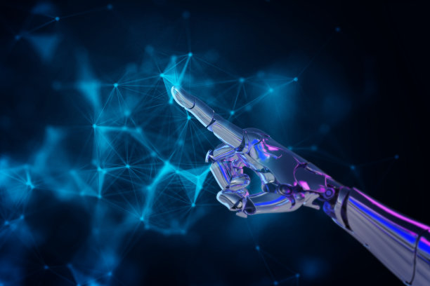 Android机器人指指电脑网络空间背景，未来未来AI数字技术人工智能图片下载