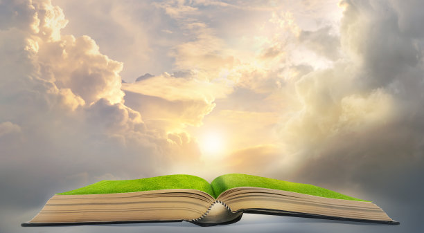 在草地上打开书本，幻想，自然的学习概念，与抄写空间图片下载