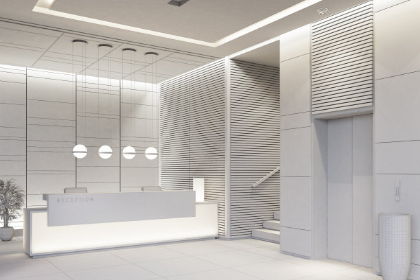现代办公室大堂内部区域配有电梯和楼梯，还有长长的接待台图片下载