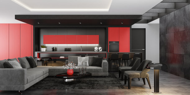 红色豪华客厅，厨房，岛桌。黄色的概念。图片下载