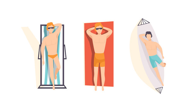 顶视图年轻男子日光浴在海滩设置图片下载