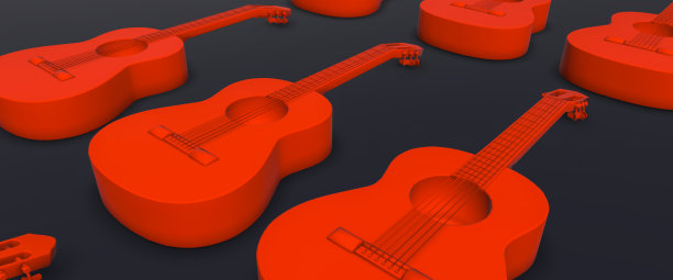 红色吉他摆放在地板上，3d渲染图片下载