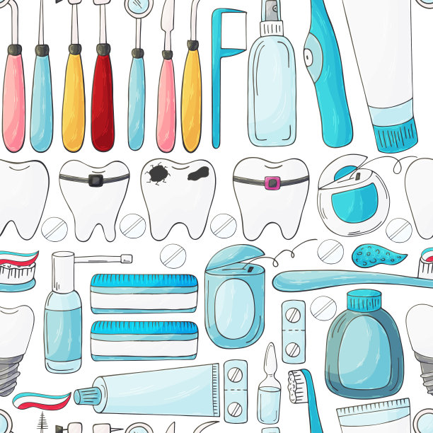 无缝图案上的白色背景。卡通元素在手绘风格。牙科设备图片下载