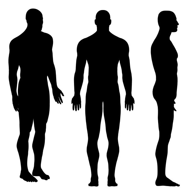 设置了一个剪影的男子在一个姿势与手下来孤立在一个白色背景。正面，侧面，等距视图。矢量图图片下载