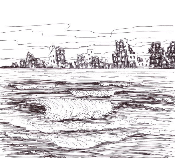 海洋和后世界末日景观，黑白素描图片下载