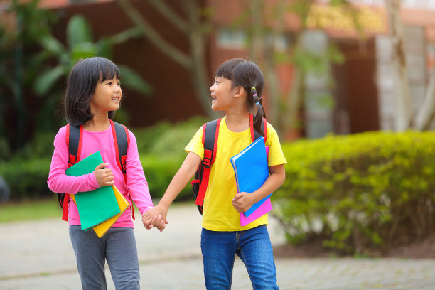 2019冠状病毒病流行后的返校生活。两个可爱的小女孩一边走路一边说话，手里拿着书，肩上扛着书包去上学。图片下载