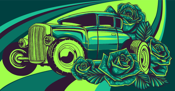 老式学校车与装饰玫瑰在经典图片下载