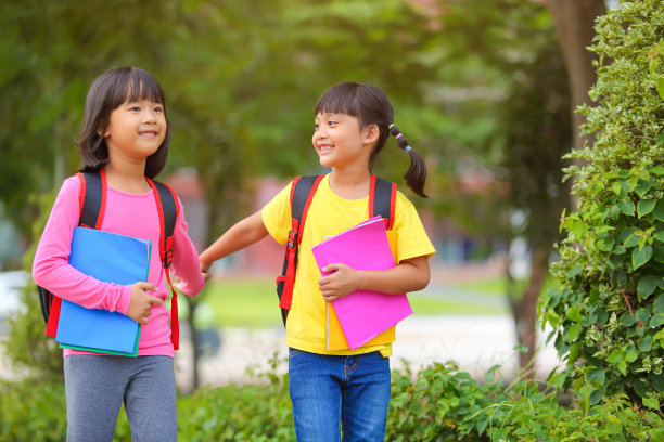 2019冠状病毒病流行后的返校生活。两个可爱的小女孩一边走路一边说话，手里拿着书，肩上扛着书包去上学。图片下载