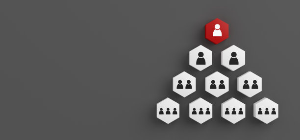 金字塔白色立方体蜂窝与人的图标，顶部红色立方体领导，灰色背景。图片下载