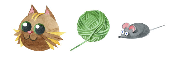 疯狂的棕色猫，绿色的毛线团和一只灰色的小老鼠。孤立在白色背景上的一套水彩插图。用于卡片、网站、印刷品、儿童设计、宠物商店和贴纸。图片下载