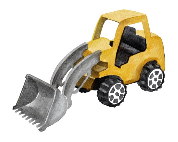 手绘水彩儿童塑料玩具:工程机械:挖掘机。用于海报，印刷，卡片，明信片，纺织，设计，印刷，图案，商店，市场，儿童房，室内，标签图片下载