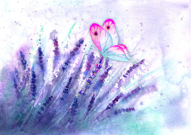 草甸淡紫色水平背景与五颜六色的蝴蝶。图片下载