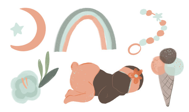 手绘婴儿收集的婴儿装饰可爱的彩虹，水果，彩旗。图片下载