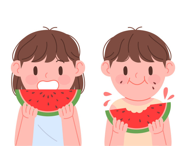 双胞胎兄弟姐妹在吃凉爽的西瓜。图片下载