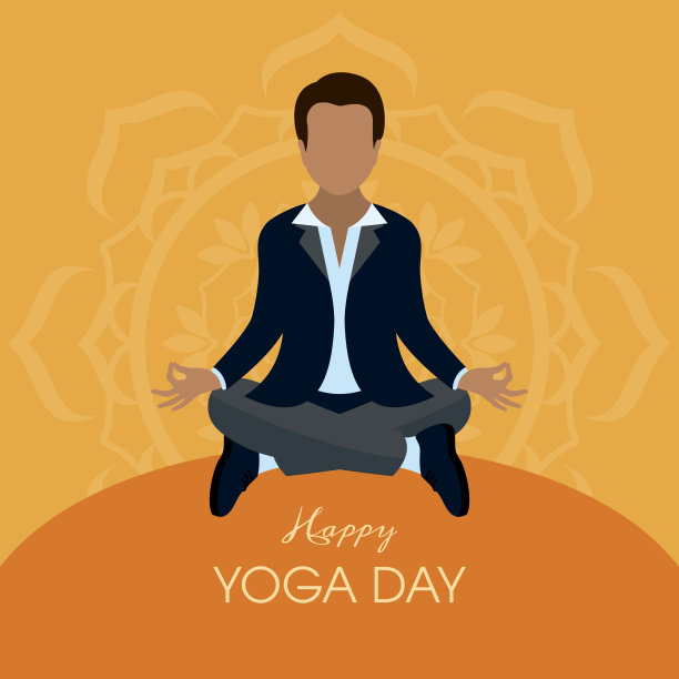 快乐瑜伽日海报与商人在瑜伽位置矢量图片下载
