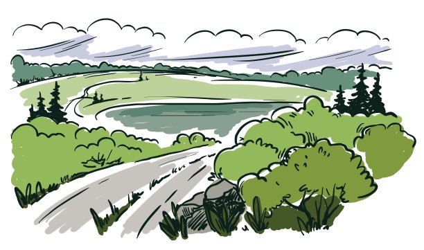 乡间小路在群山和森林中伸展出地平线。颜色矢量图图片下载